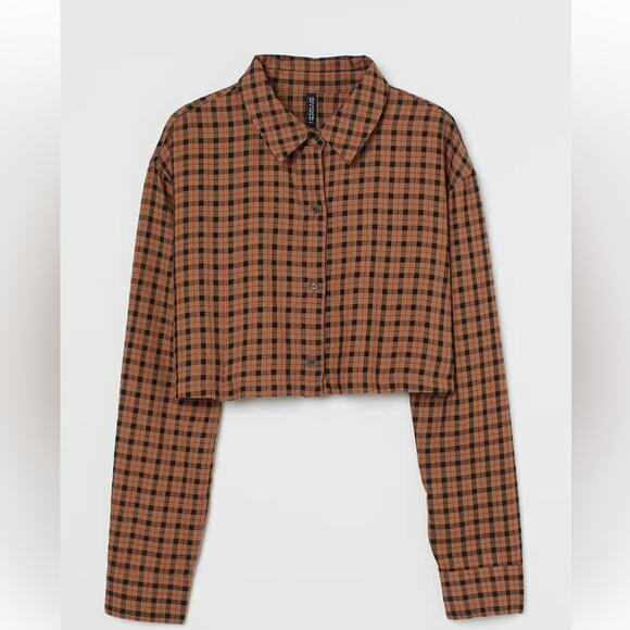 H&M Divided Brown Check Plaid Cropped Button Down Shirt Size S - Picture 1 of 7